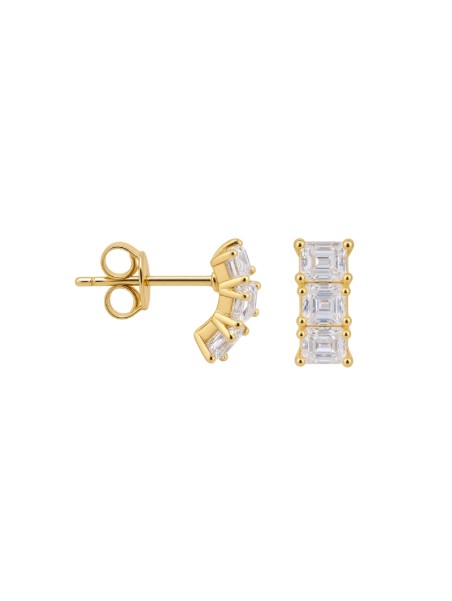Pendientes de presión dorados con triple circonita rectangular blanca