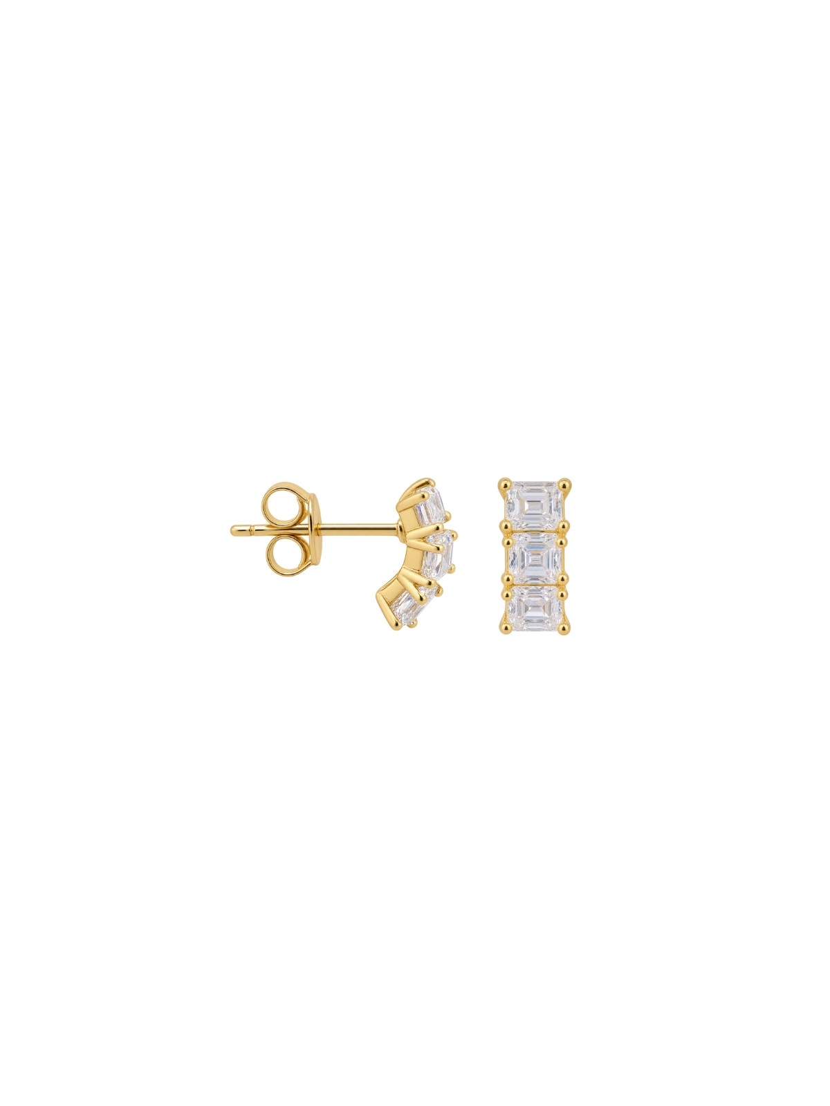 Pendientes de presión dorados con triple circonita rectangular blanca