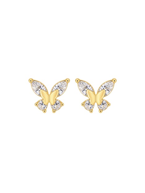 Pendientes de presión dorados con mariposa central y circonitas blancas