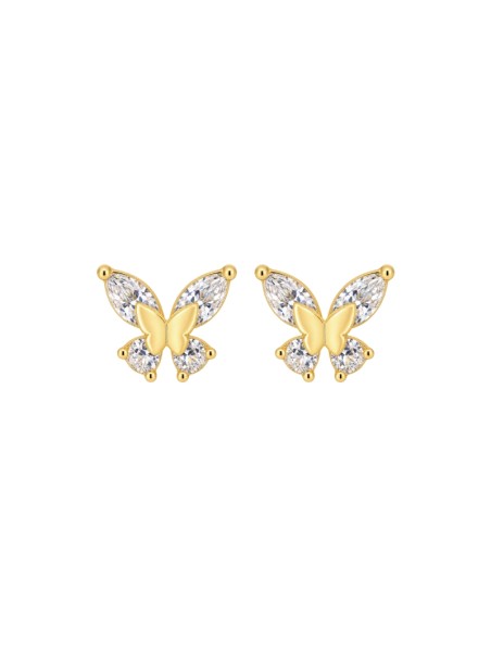Pendientes de presión dorados con mariposa central y circonitas blancas