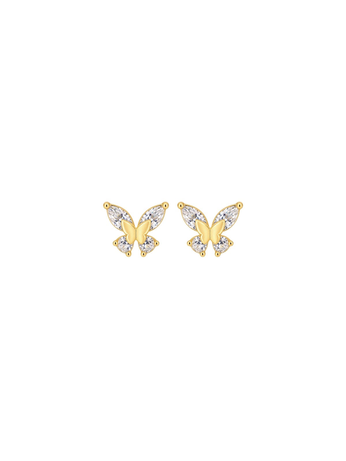 Pendientes de presión dorados con mariposa central y circonitas blancas