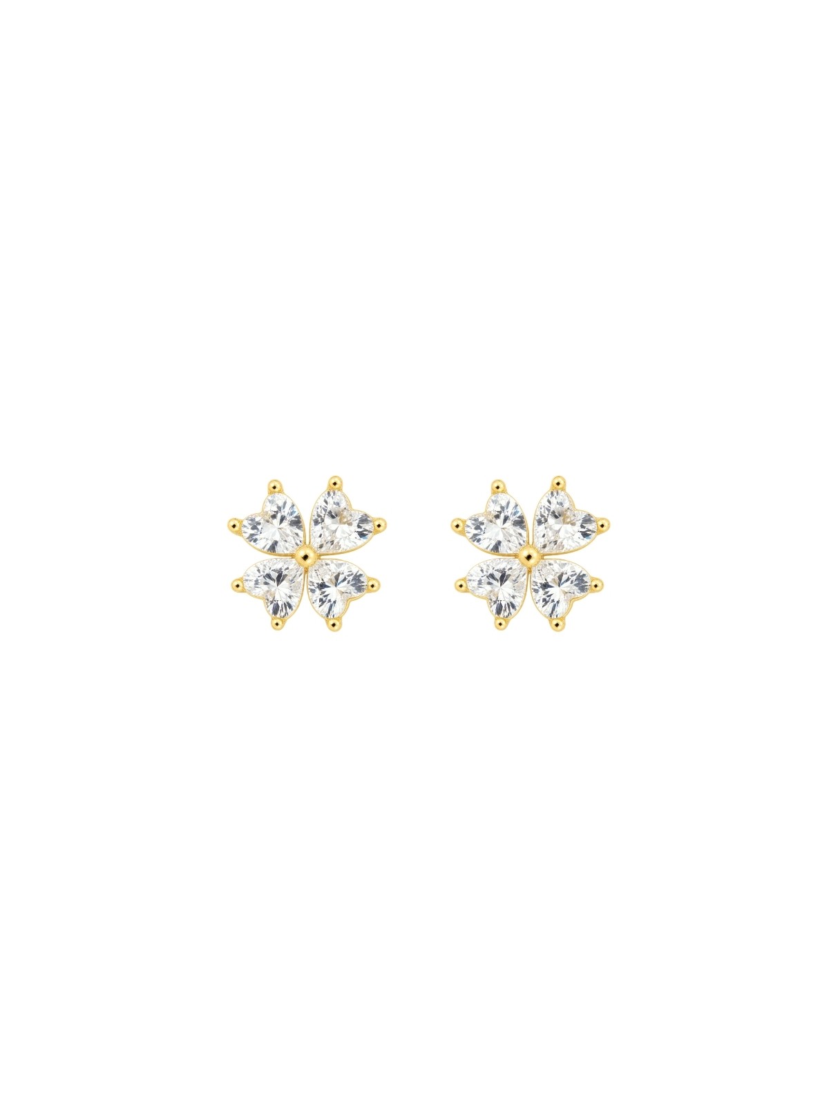 Pendientes de presión dorados flor de corazones con circonitas blancas