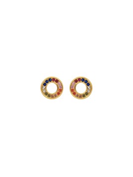 Pendientes de presión dorados con círculo calado y circonitas de colores