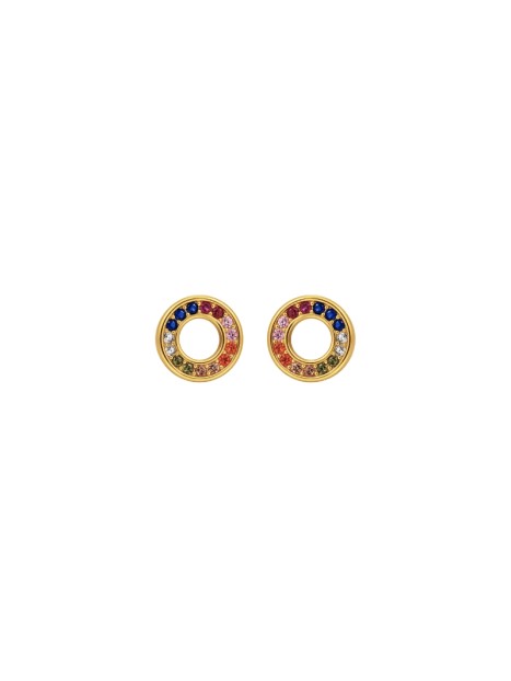Pendientes de presión dorados con círculo calado y circonitas de colores