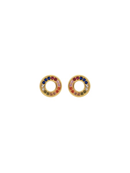 Pendientes de presión dorados con círculo calado y circonitas de colores