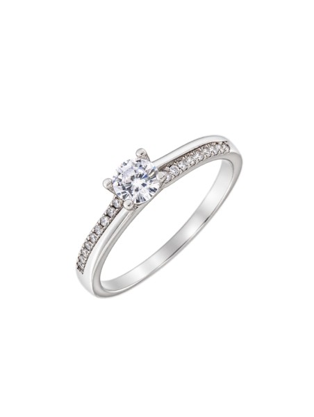 Anillo solitario de plata con piedra central redonda y circonitas laterales