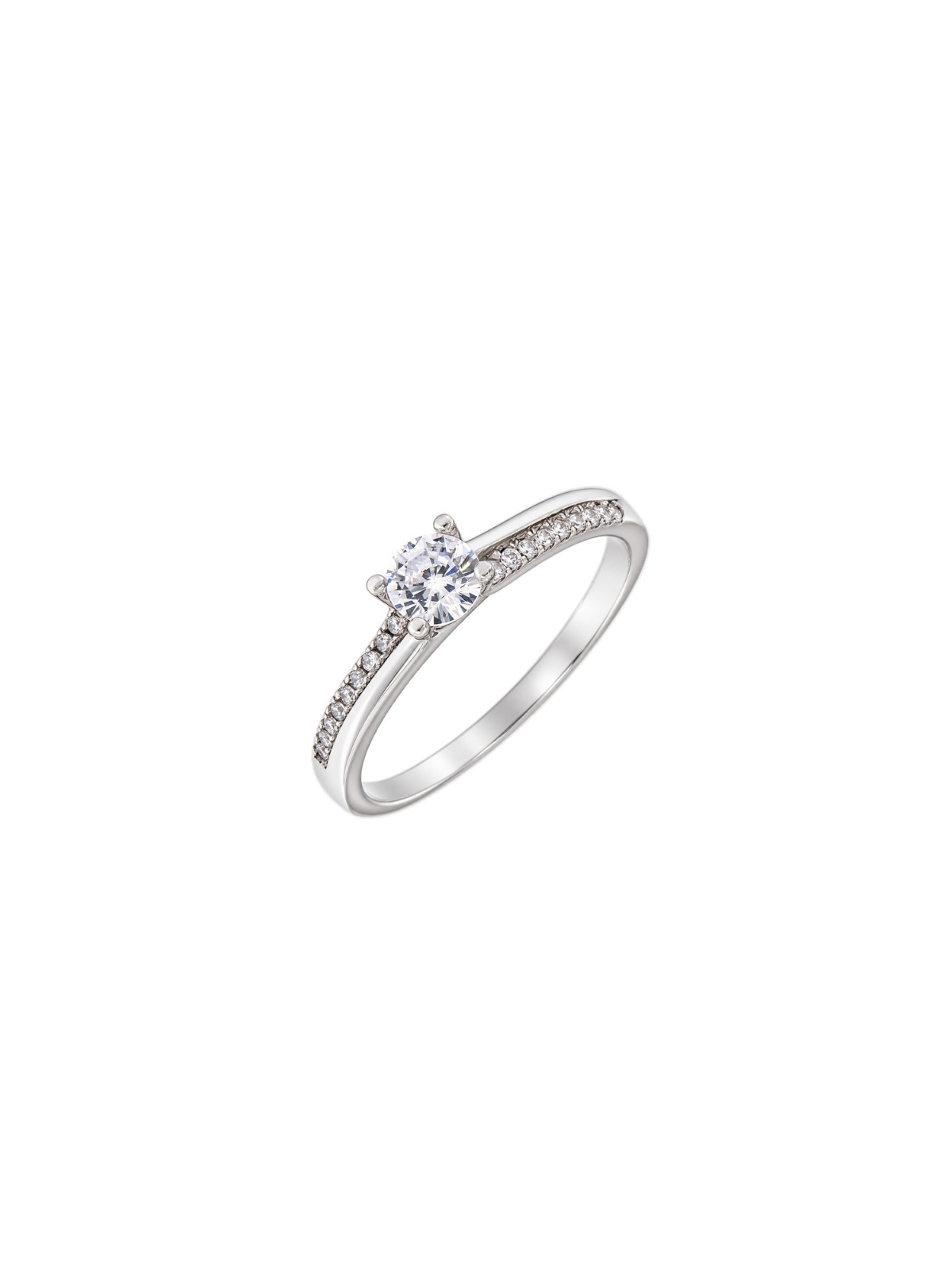 Anillo solitario de plata con piedra central redonda y circonitas laterales