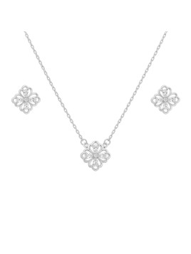 Juego de plata con gargantilla y pendientes flor de cuatro pétalos con circonitas blancas