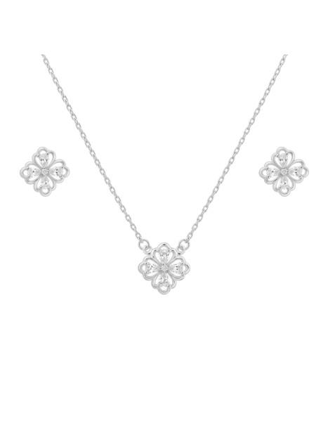 Juego de plata con gargantilla y pendientes flor de cuatro pétalos con circonitas blancas
