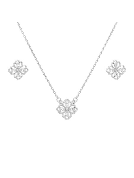 Juego de plata con gargantilla y pendientes flor de cuatro pétalos con circonitas blancas