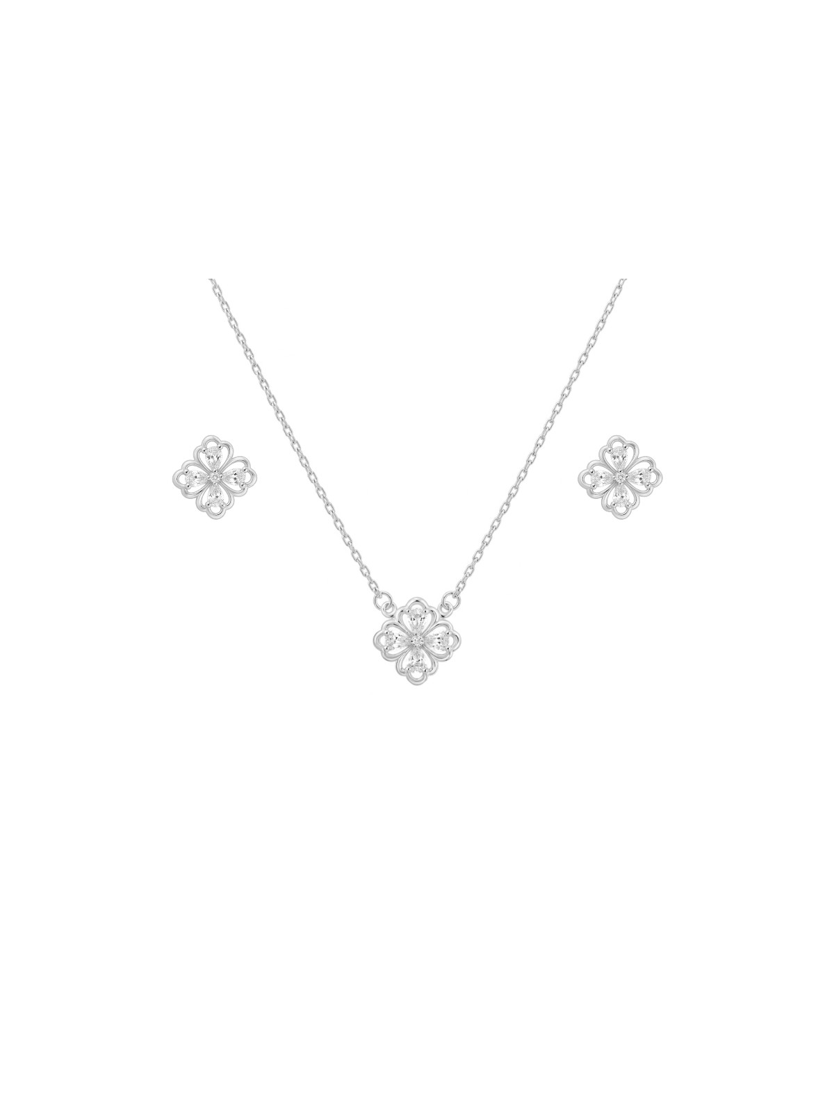 Juego de plata con gargantilla y pendientes flor de cuatro pétalos con circonitas blancas