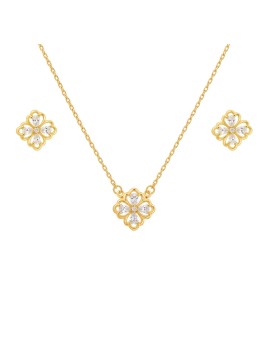 Juego dorado con gargantilla y pendientes flor de cuatro pétalos con circonitas blancas