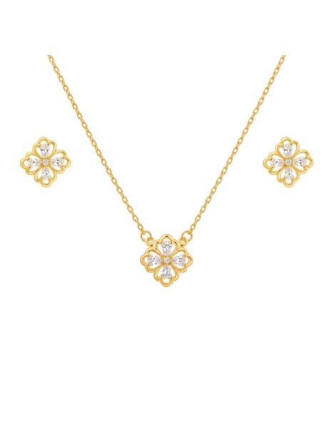 Juego dorado con gargantilla y pendientes flor de cuatro pétalos con circonitas blancas