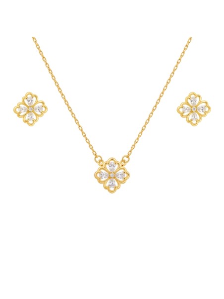 Juego dorado con gargantilla y pendientes flor de cuatro pétalos con circonitas blancas