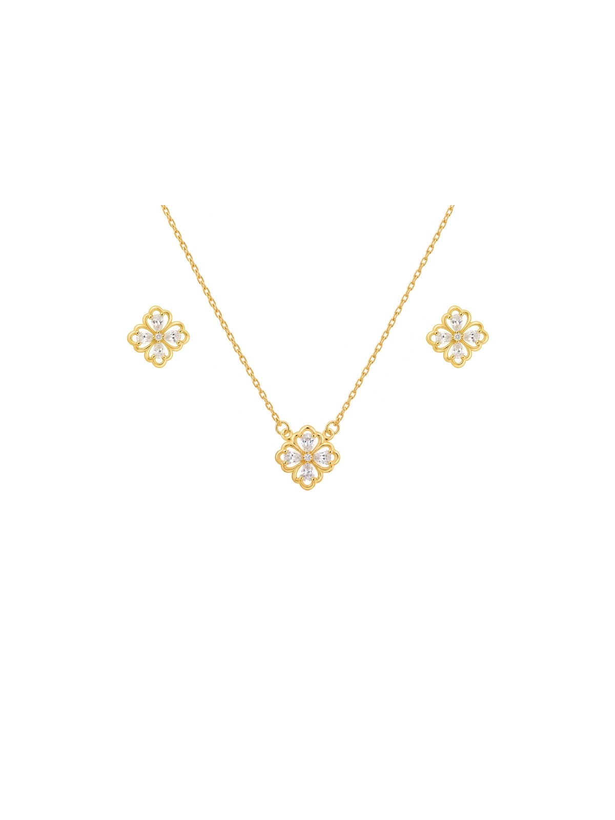 Juego dorado con gargantilla y pendientes flor de cuatro pétalos con circonitas blancas
