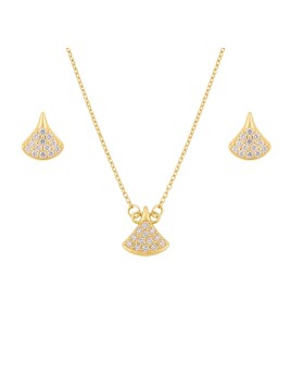 Juego dorado con gargantilla y pendientes de abanico con circonitas blancas