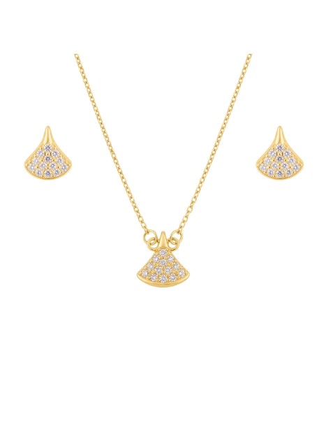 Juego dorado con gargantilla y pendientes de abanico con circonitas blancas