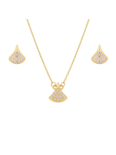 Juego dorado con gargantilla y pendientes de abanico con circonitas blancas