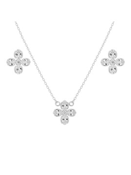 Juego de plata con gargantilla y pendientes flor ovalada con circonitas blancas