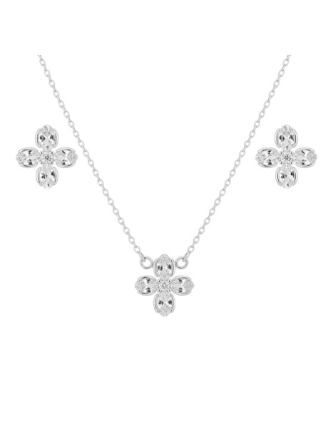 Juego de plata con gargantilla y pendientes flor ovalada con circonitas blancas