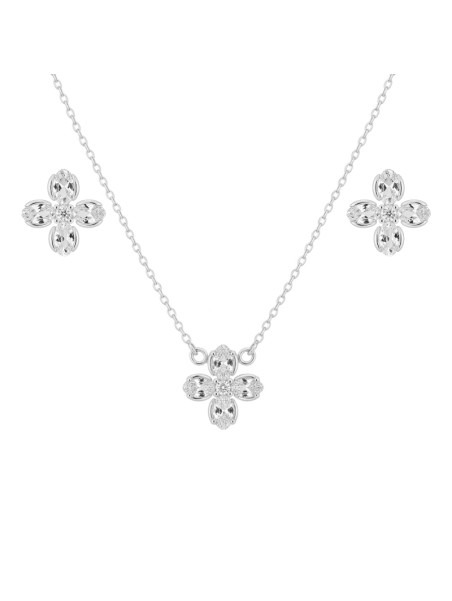 Juego de plata con gargantilla y pendientes flor ovalada con circonitas blancas