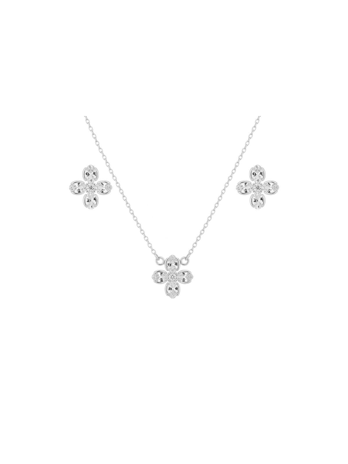 Juego de plata con gargantilla y pendientes flor ovalada con circonitas blancas