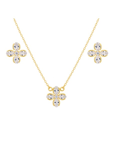 Juego dorado con gargantilla y pendientes flor ovalada con circonitas blancas