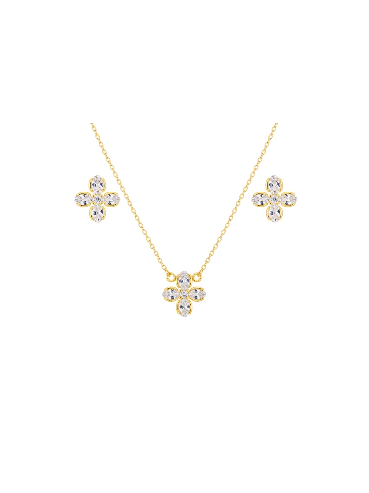 Juego dorado con gargantilla y pendientes flor ovalada con circonitas blancas