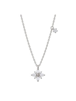 Gargantilla plata con flor de circonitas blancas y pequeña flor colgante en la cadena