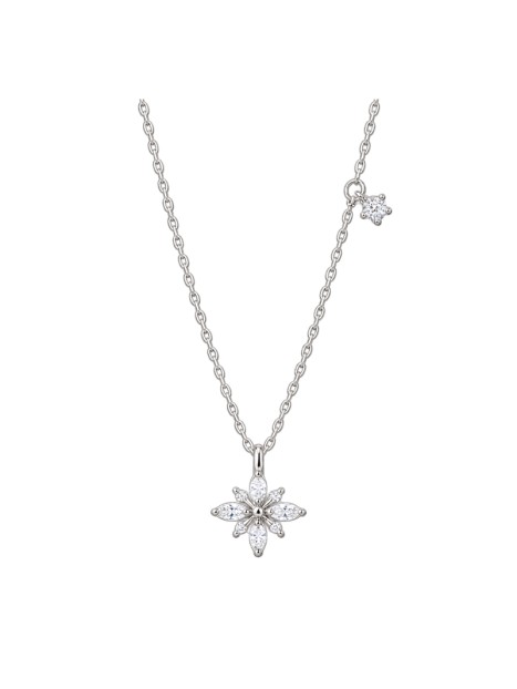 Gargantilla plata con flor de circonitas blancas y pequeña flor colgante en la cadena