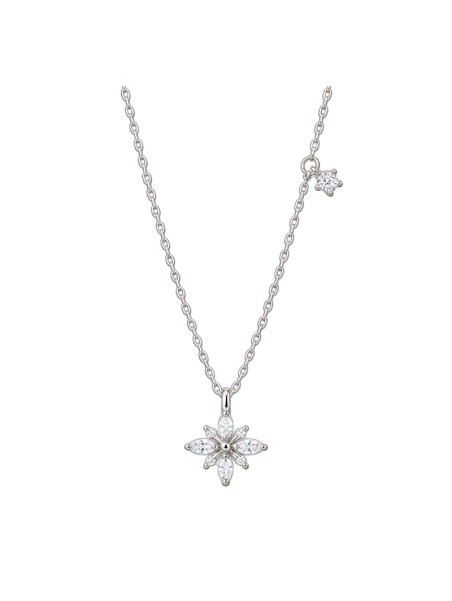 Gargantilla plata con flor de circonitas blancas y pequeña flor colgante en la cadena