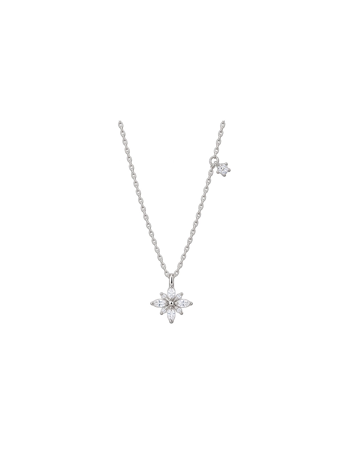 Gargantilla plata con flor de circonitas blancas y pequeña flor colgante en la cadena