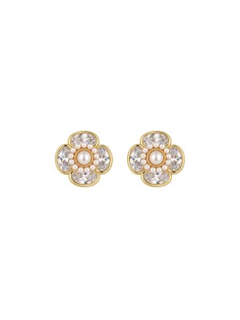 Pendientes dorados de perlas flor con circonitas ovaladas blancas