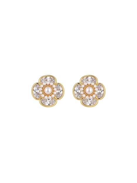 Pendientes dorados de perlas flor con circonitas ovaladas blancas