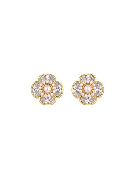 Pendientes dorados de perlas flor con circonitas ovaladas blancas