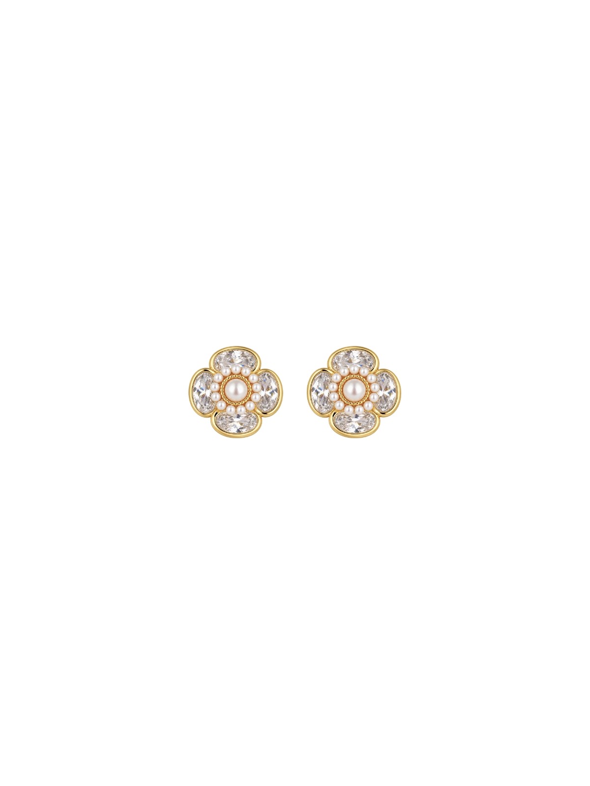 Pendientes dorados de perlas flor con circonitas ovaladas blancas