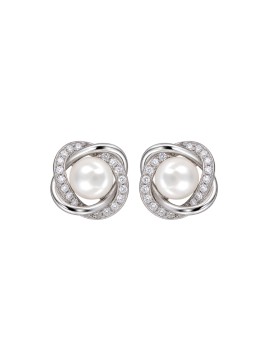 Pendientes de perlas con lazos de circonitas blancas en Plata de Ley 925