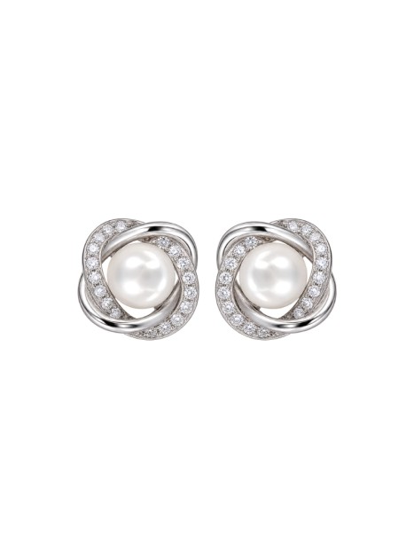 Pendientes de perlas con lazos de circonitas blancas en Plata de Ley 925