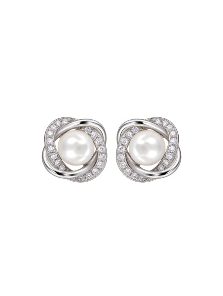 Pendientes de perlas con lazos de circonitas blancas en Plata de Ley 925