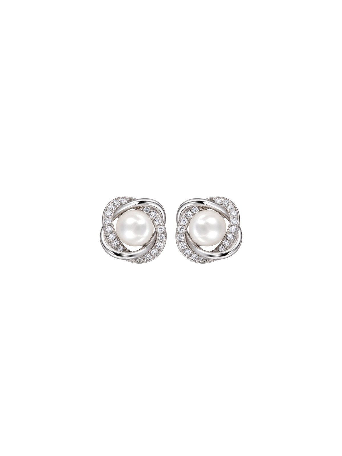 Pendientes de perlas con lazos de circonitas blancas en Plata de Ley 925