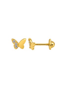 Pendientes de rosca dorados con diseño de mariposa y circonitas blancas en Plata de Ley 925 con baño de oro.
