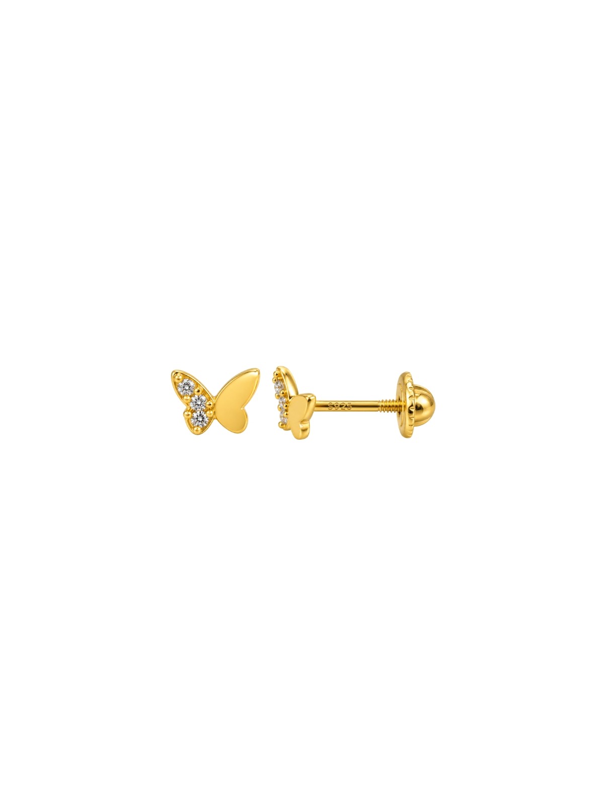 Pendientes de rosca dorados con diseño de mariposa y circonitas blancas en Plata de Ley 925 con baño de oro.