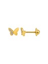 Pendientes de rosca dorados con diseño de mariposa y circonitas blancas en Plata de Ley 925 con baño de oro.