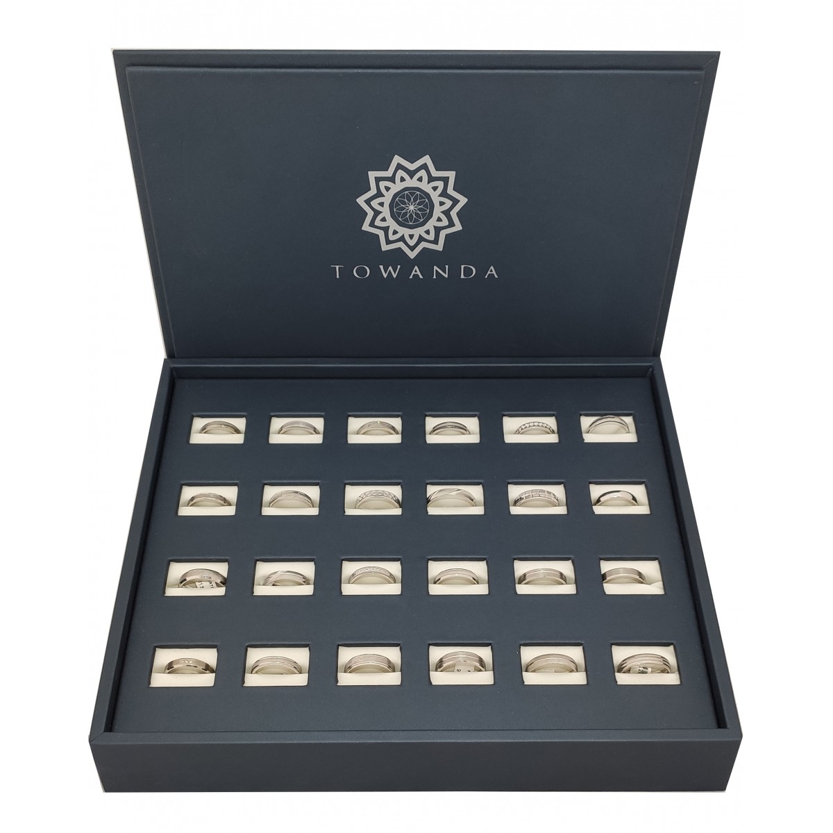 Expositor Alianzas Plata 24 Unidades para joyerías con estuche de polipiel y colección PALI