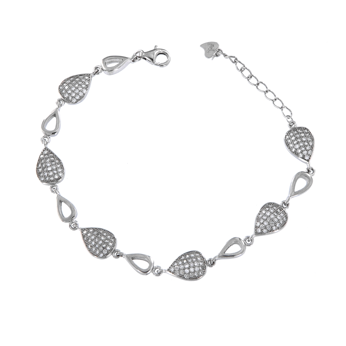 <p>Pulsera de plata entrelazada con adornos en forma de gota y decorada con circonitas blancas. </p>
<p>Plata de primera ley, 92