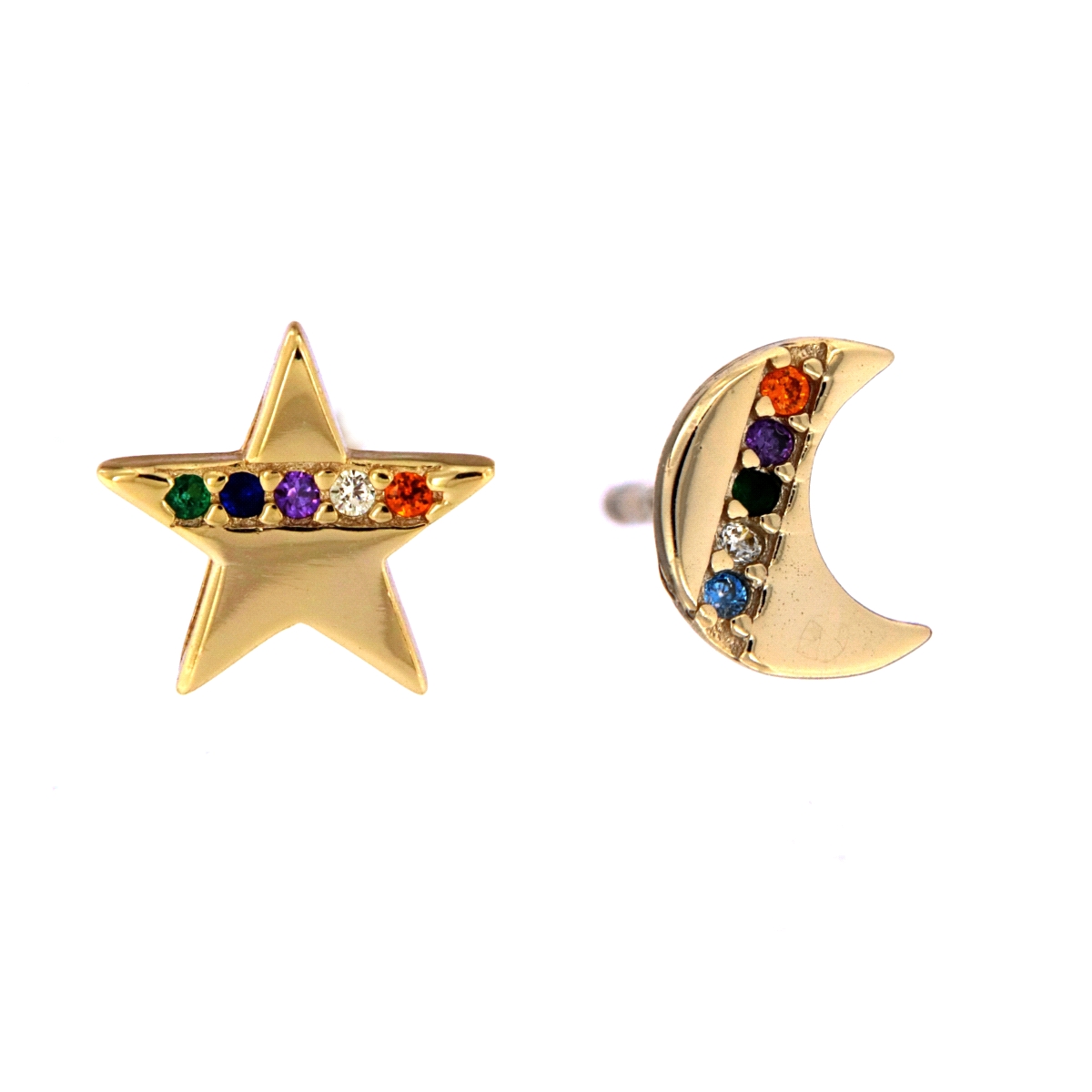 <p>Pendientes dorados pequeños uno en forma de estrella y otro de luna decorado con circonitas de colores de Plata de Primera Le
