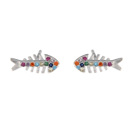 <p>Pendientes plateados pequeños en forma de pez decorado con circonitas de colores de Plata de Primera Ley.</p>\n<ul>\n<li><str