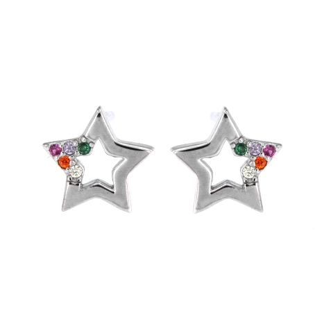<p>Pendientes plateados pequeños en forma de estrellas decorado con circonitas de colores de Plata de Primera Ley.</p>\n<ul>\n<l