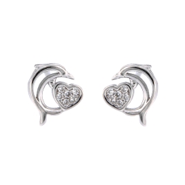 <p style="text-align:justify;">Pendientes originales en forma de delfín con corazón con circonitas blancas en Plata de Primera L
