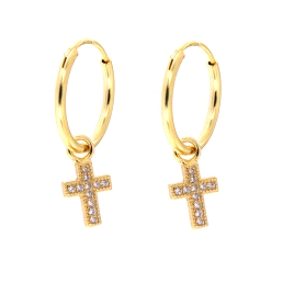 <p>Pendiente de aro con un colgante de una cruz con su interior relleno de circonita dorado en primera de ley. </p>
<p>Bañado en